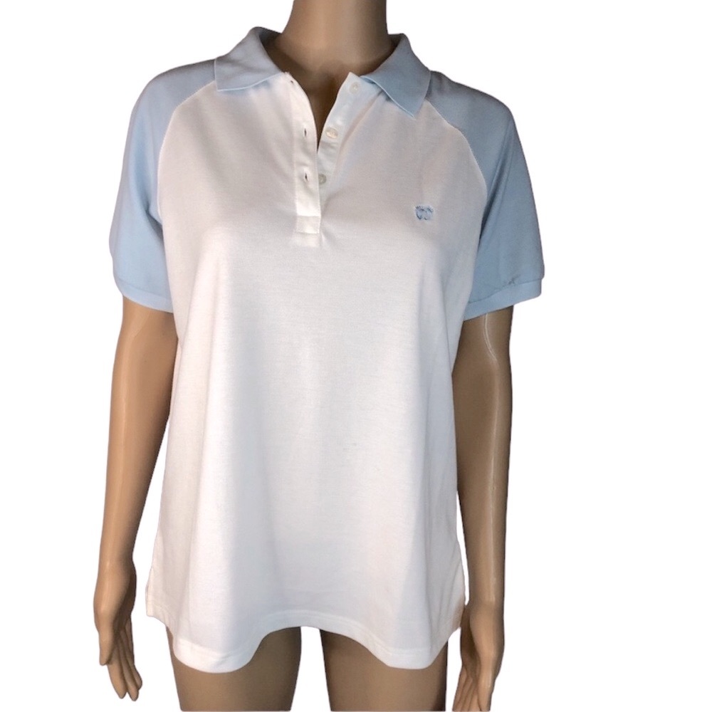 Vintage Hang Ten Ladies Polo Shirt White Light Blue Short Sleeve Juniors 3X